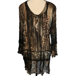 Alberto Makali Semi Sheer V-Neck Long Sleeve Tunic Animal Print Blouse - Sz M